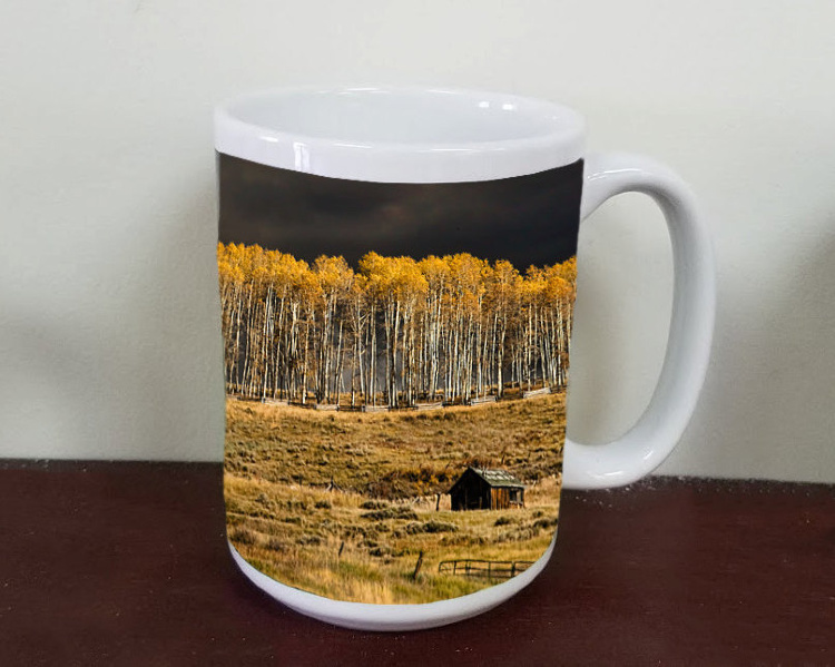 Fall Aspen Grove and Colorado Cabin Photo Ceramic Mug, Fine art mug, coffee mug, tea mug, 11 oz and 15 oz, telluride, trees, nature