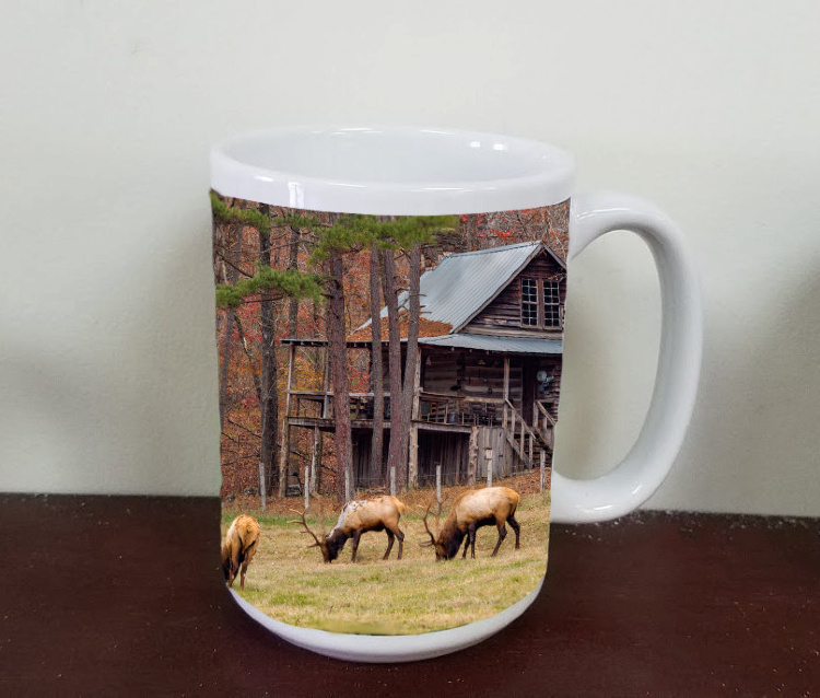 Elk Bulls  in Front of Arkansas Cabin "Fine Art Photo" Mug by Koral Martin