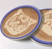 Tiger Latte Art Photo Sandstone Car Coasters, Sold as a pair, Mascot Art