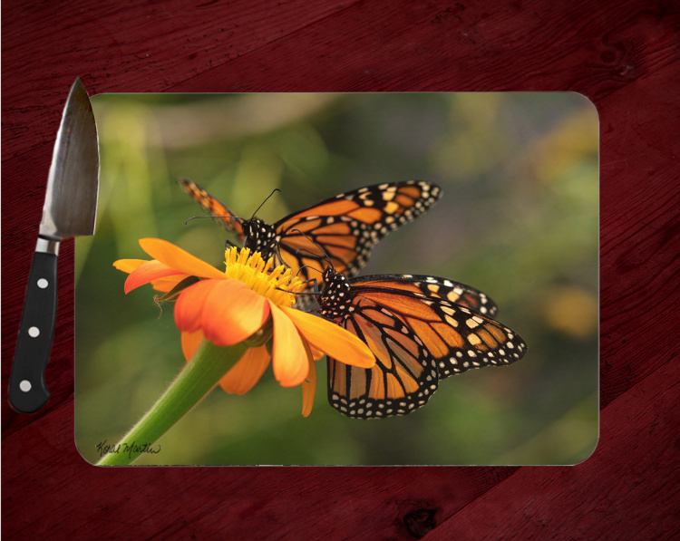 Monarch Butterflies Cutting Board 8x11 and 12x15  | Monarch on Zinnia Art Counter Protector | Butterfly Home Decor