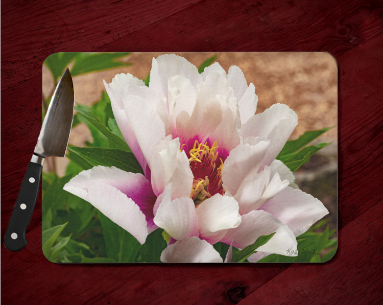 White and Pink Peony Tempered Glass Cutting Board 8x11 and 12x15  Close-Up