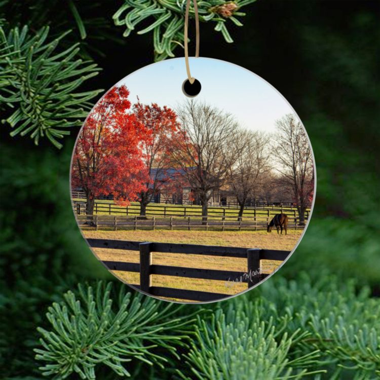 Kentucky Horse Farm Ornament, Ceramic and Wood with Fall Trees and Horse 6263