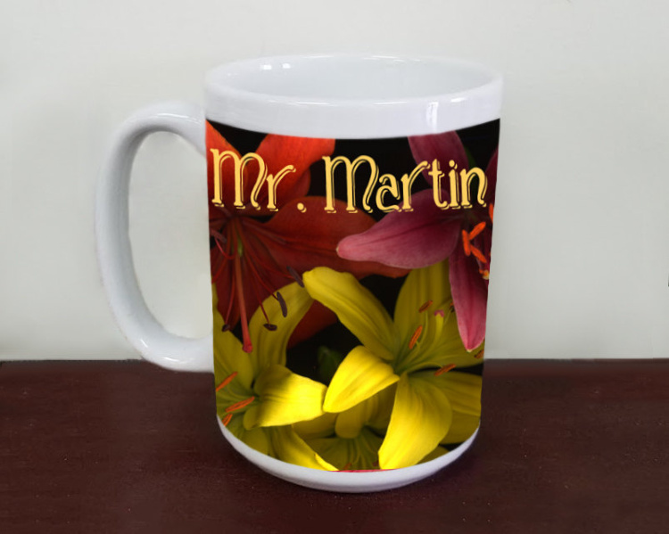 Mr and Mrs Custom Tiger Lilies Wedding  Photo Ceramic  Coffee Mug, Floral Mug, Favor, Gift,  Tea Mug, 11oz and 15oz,  Fine Art, lily flowers