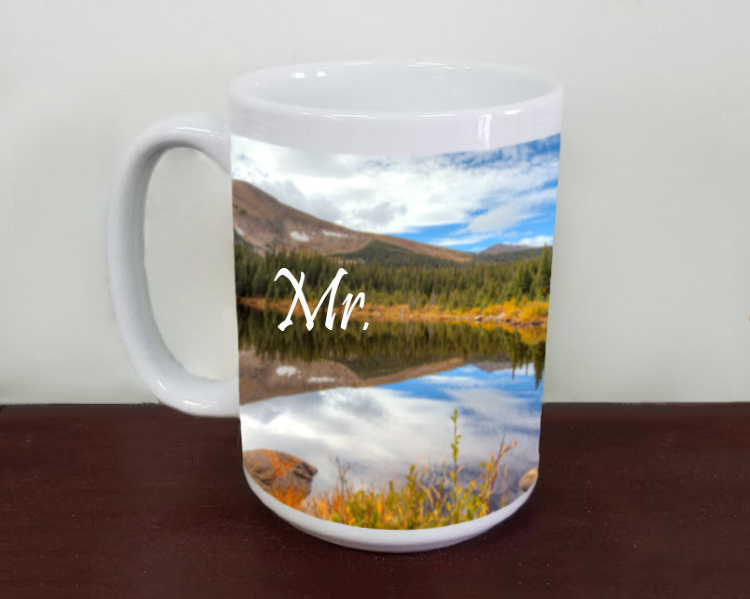 Mr and Mrs Rainbow Lake  Wedding  Photo Ceramic  Coffee Mug,  Mug, Favor, Gift,  Tea Mug, 11oz and 15oz,  Fine Art, Colorado