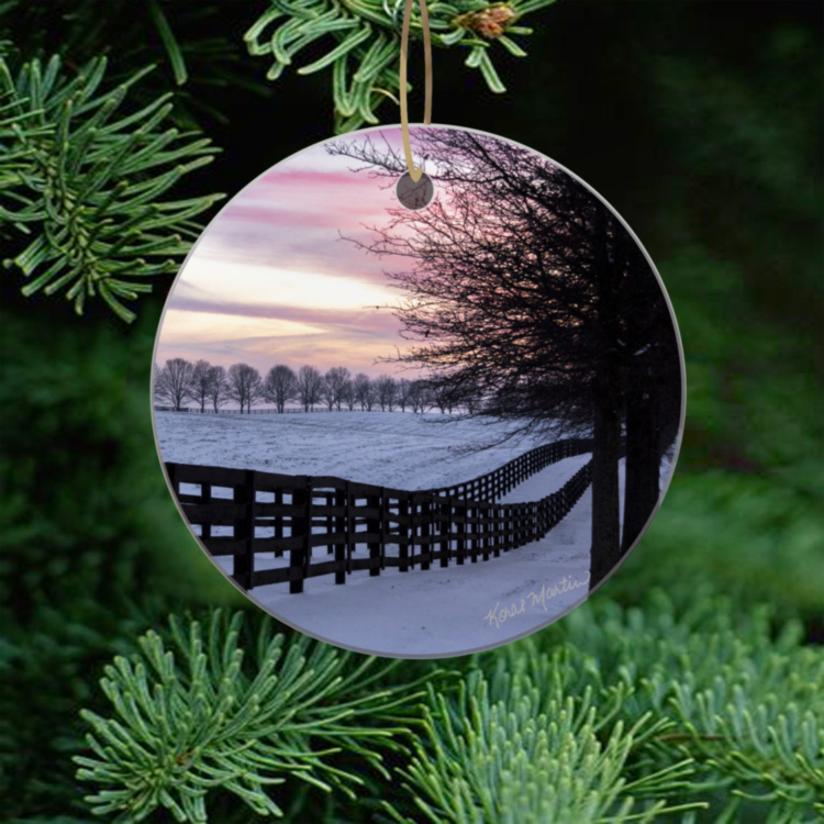 Kentucky Horse Farm Winter Sunset Ornament, Ceramic and Wood with Fence View 9330