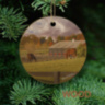 Kentucky Horse Farm Ornament, Ceramic and Wood with Horse Barn and 2 horses 6332 V2