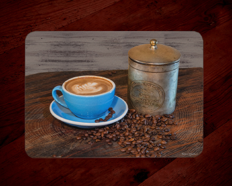 Antique Coffee Tin and  Latte Art Glass Cutting Board with Blue cup 8x11 and 12x15 | Coffee Kitchen Decor
