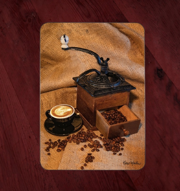 Antique Coffee Grinder Tempered Glass Cutting Board with Black Mug on Burlap 8x11 and 12x15 | Coffee Kitchen Decor