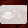 Back of Coffee Photo Tempered Glass Cutting Board with Pink and White cup, has rubber feet