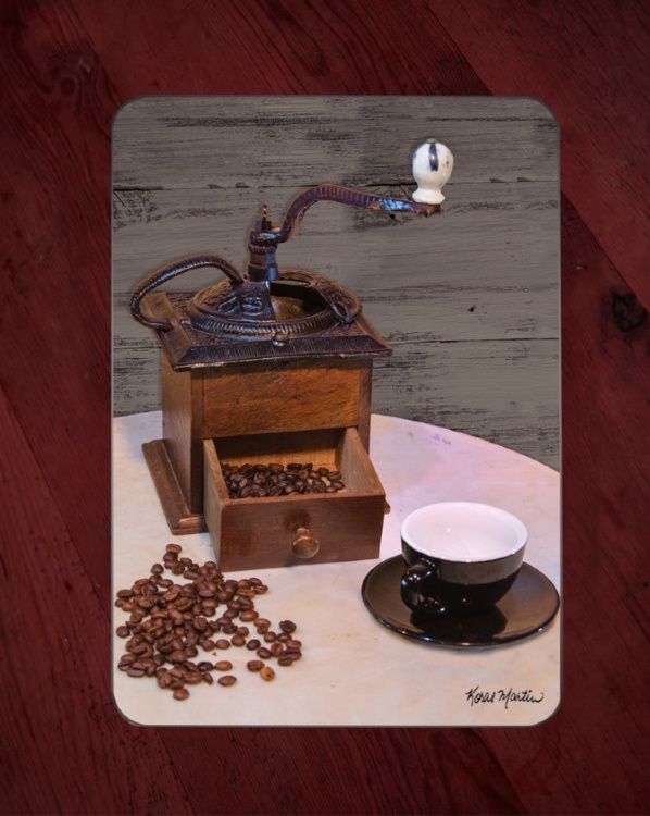 Antique Coffee Grinder Glass Cutting Board with Black Cup 8x11 and 12x15 | Coffee Kitchen Decor