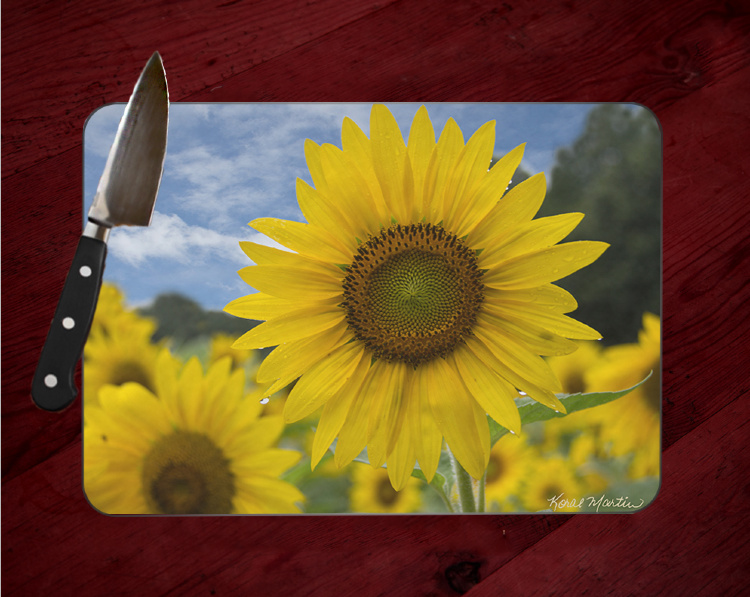 Yellow Sunflower Field Photo Tempered Glass Cutting Board by Koral
