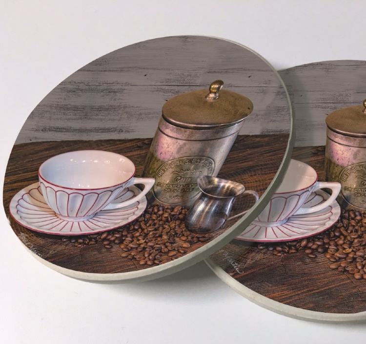 Old Coffee Tin and Cup Sandstone Car Coasters, Sold as a pair, Coffee Art
