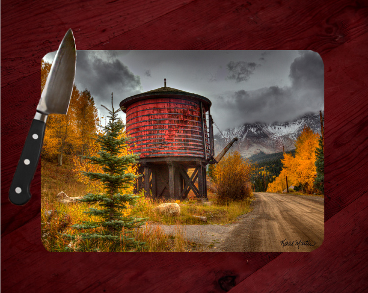 Old Colorado Train Water Tank Photo Tempered Glass Cutting Board 8x11 and 12x15