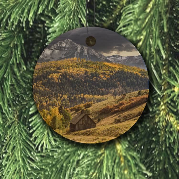 Colorado Ornament of Old School House Round Wood Ornament With Photo by Koral Martin 