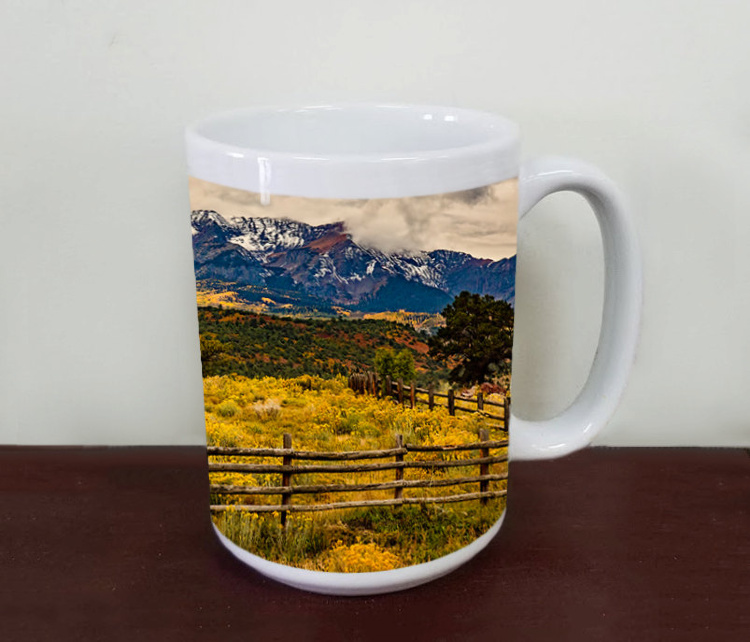 Colorado Sneffels Range Mountains Coffee Mug with Fall Aspen, Wood Fence, Fine Art Photo Mug, Tea Mug, 15 oz & 11 0z Sizes, Telluride Photo