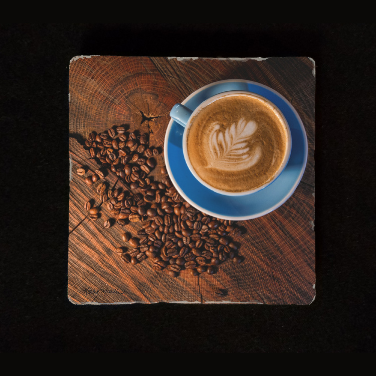 Blue Coffee Cup and Beans 6"  Tumbled Stone Trivet