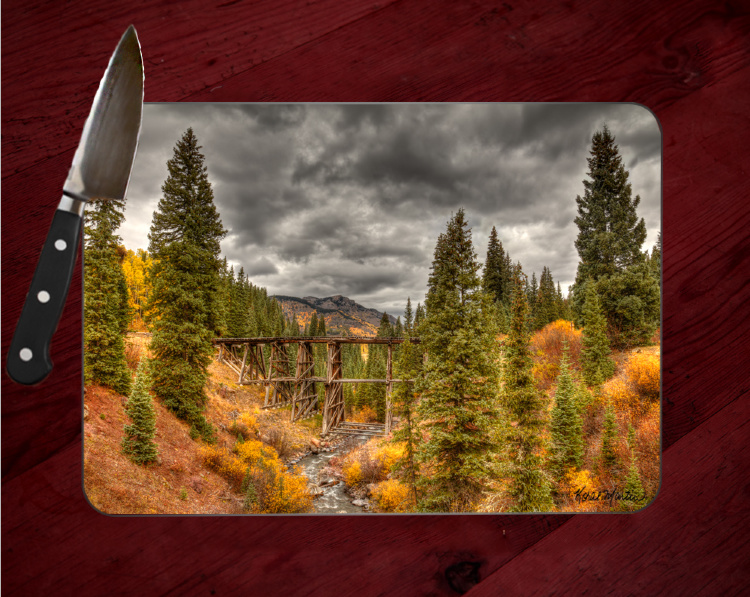 Colorado Trout Lake Trestle Cutting Board 8x11 and 12x15 H Tempered Glass | Colorado Kitchen Decor